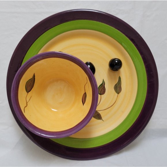 Vintage Cali Ceramic Pottery Serving Plate w/ Attached Bowl  - Olive Design - 1B - Picture 10 of 14